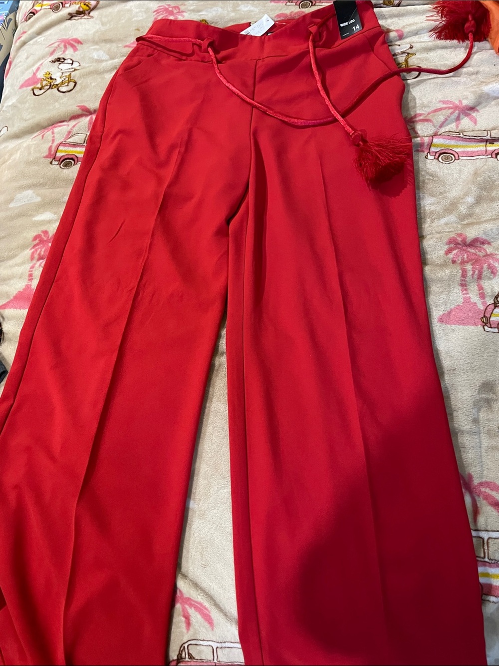 New York & Company Red Wide-Leg Pull-On Pants with Tassel Drawcord